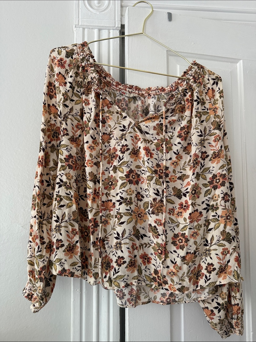 Faherty Cream Bohemian Floral Peasant Blouse with Rust & Olive Accents
